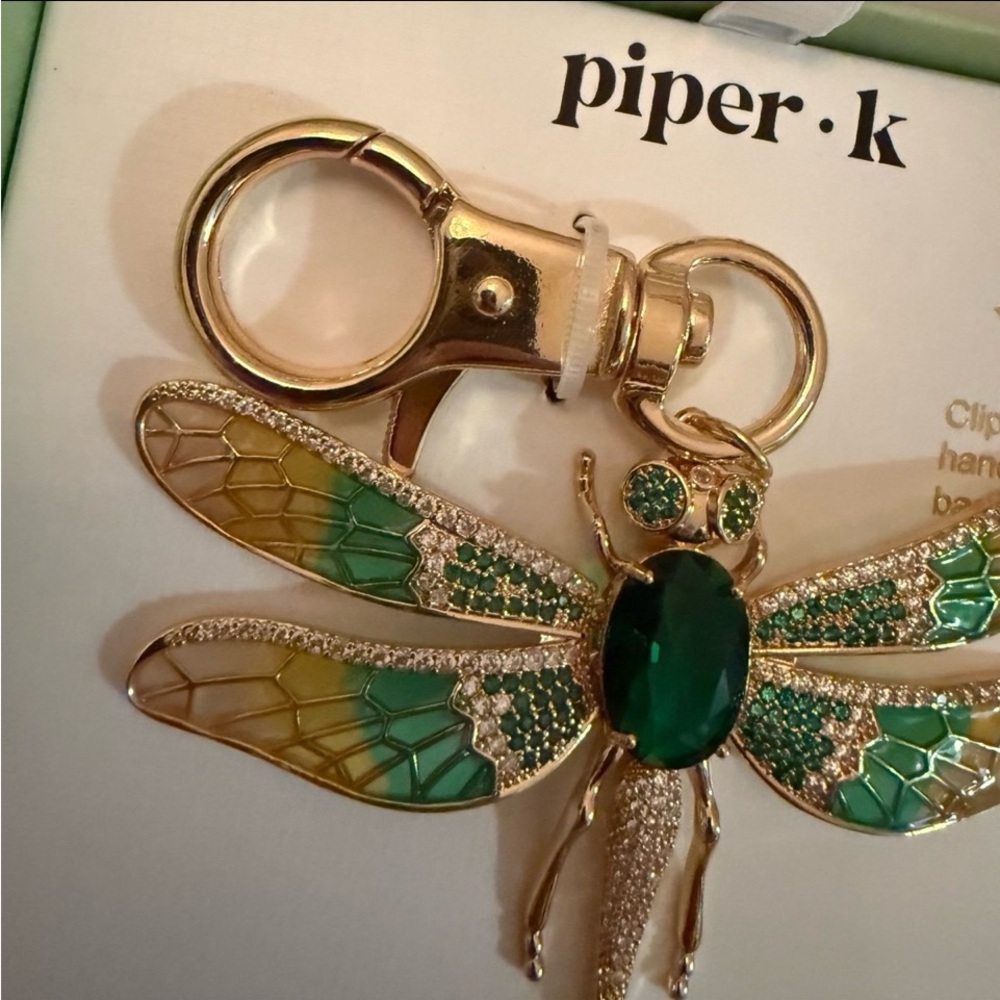 PIPER K Dragonfly Gold Hand-Painted with CZ Articulated Wings Bag Charm NEW NWT - Picture 8 of 15